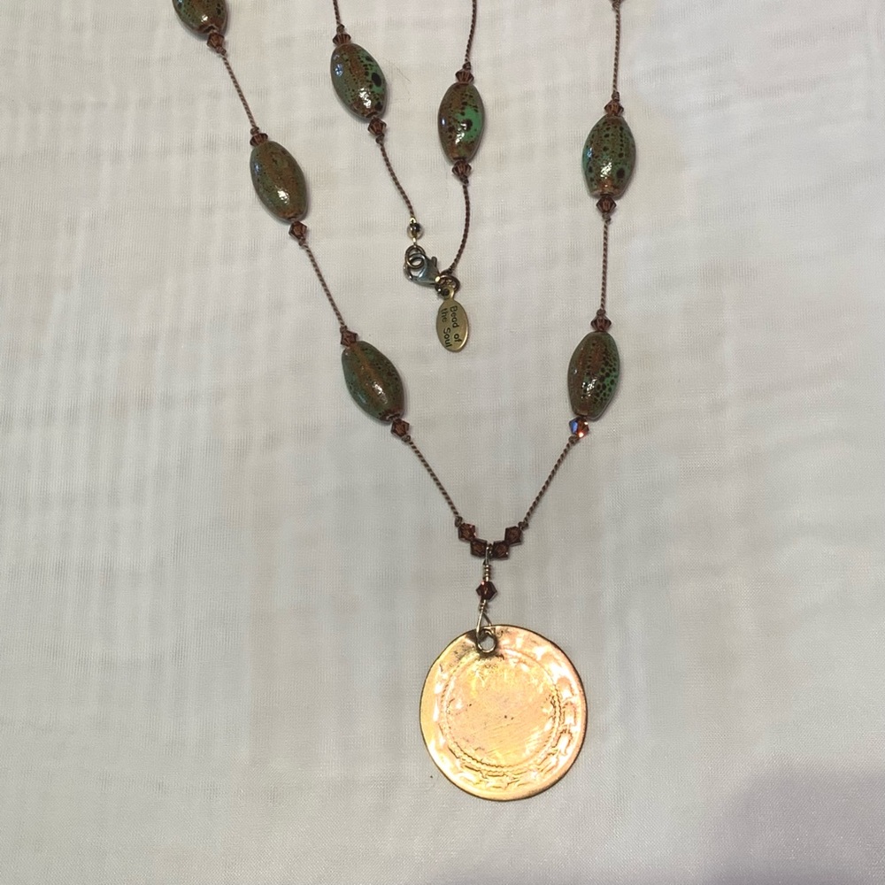 Bead and Swarovski crystal silk cord necklace with gold coin